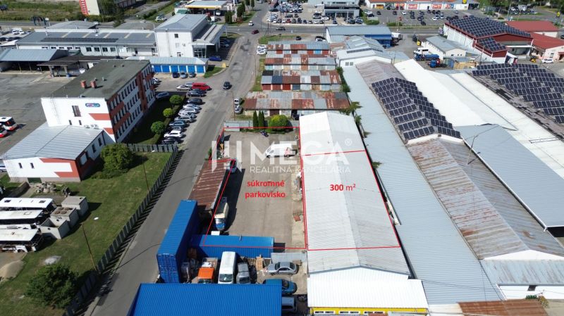 An aerial view of warehouses and halls on Fidlikova Street in Humenné.