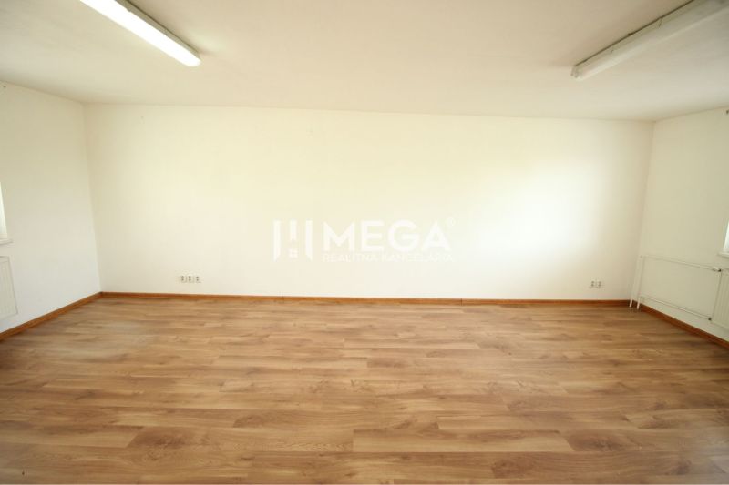 Empty office, white walls, wood-patterned floor, ceiling lighting.
