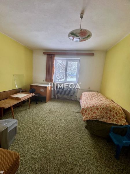 A room in a family house with a bed, a desk, and a green carpet.