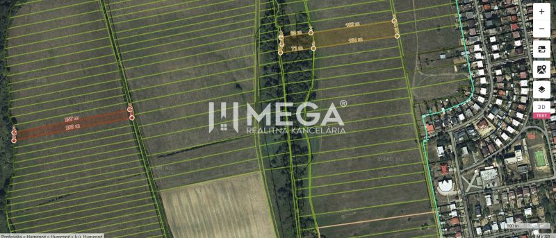 Aerial view of agricultural and forest lands in Humenné, showing parcel lines and surroundings.