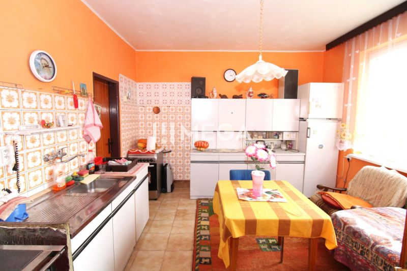 A kitchen in a family house with a colorful wall, tiled cladding, and a dining table.
