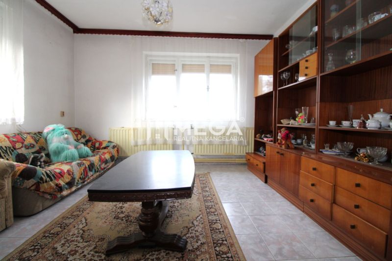 Living room with carpets, a sofa bed, and furniture in a family house.