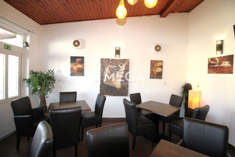 Gastro premises with comfortable chairs and decorations on the walls, floor with wooden decor.