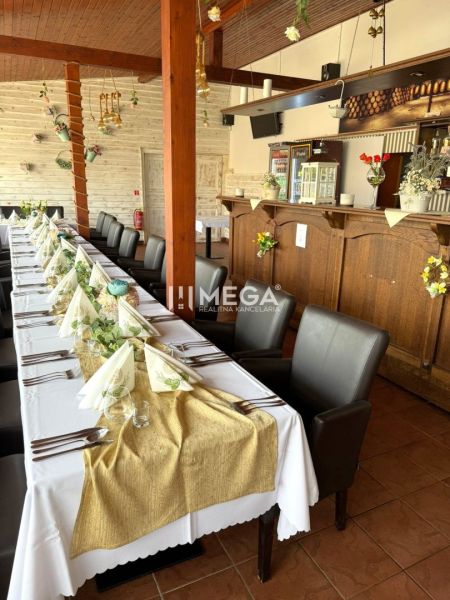 Gastro premises with a decoratively set table and a bar counter with rustic elements.