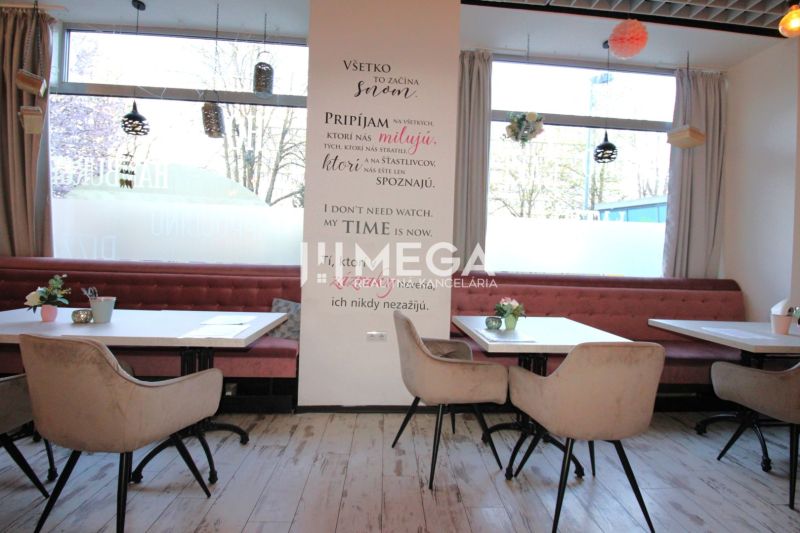 Gastro premises with upholstered seats, decorations, and flooring with a wood design.