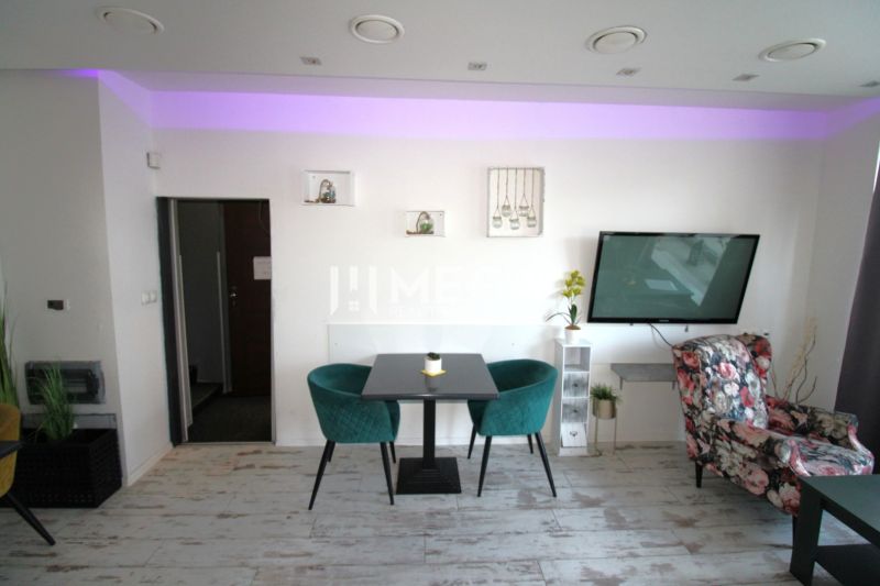 Interior of gastro spaces with wood-decor flooring and comfortable furniture.