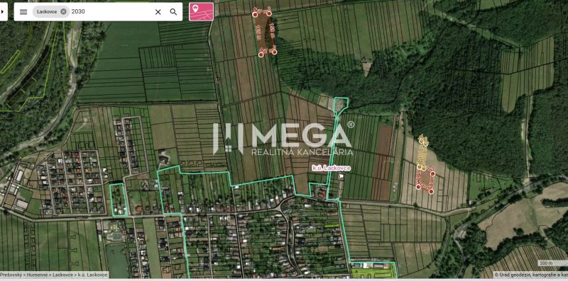 Aerial map of agricultural and forest lands in Lackovce with divided parcels.