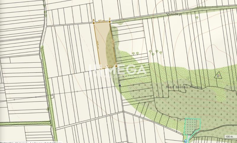 Map of agricultural and forest land in Lackovce with the marked plot.
