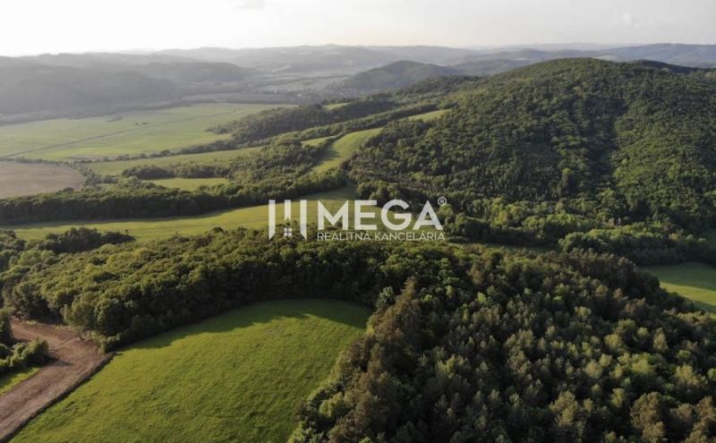 Aerial view of agricultural and forest lands surrounding Lackovce, with extensive green landscape.