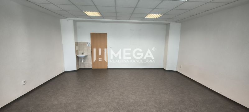 Empty office space with a sink and dark wood-patterned flooring.