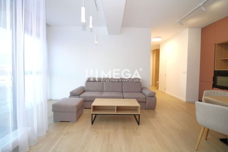 Bright living room with a corner sofa and wood-patterned flooring in a three-room apartment.
