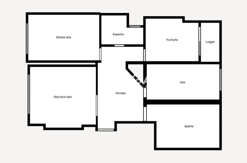 Floor plan of a 4-room apartment, includes a kitchen, living room, and loggia.