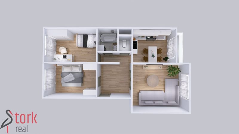Floor plan of a 3-room apartment with wood-patterned flooring, kitchen, and living area.