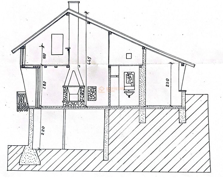 A cross-section of a house with a chimney and attic in the Gardens.