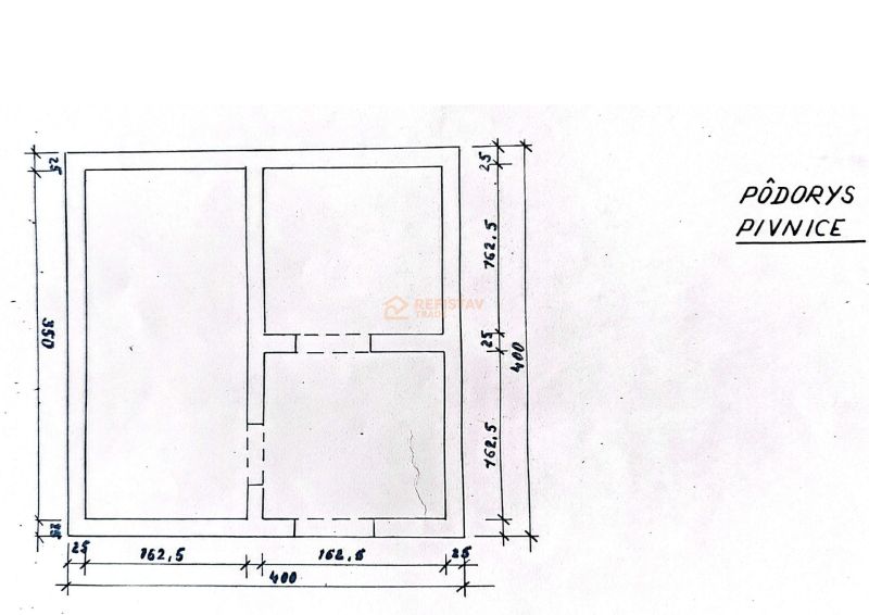 Basement floor plan with a layout of three rooms, showing wall and door dimensions.