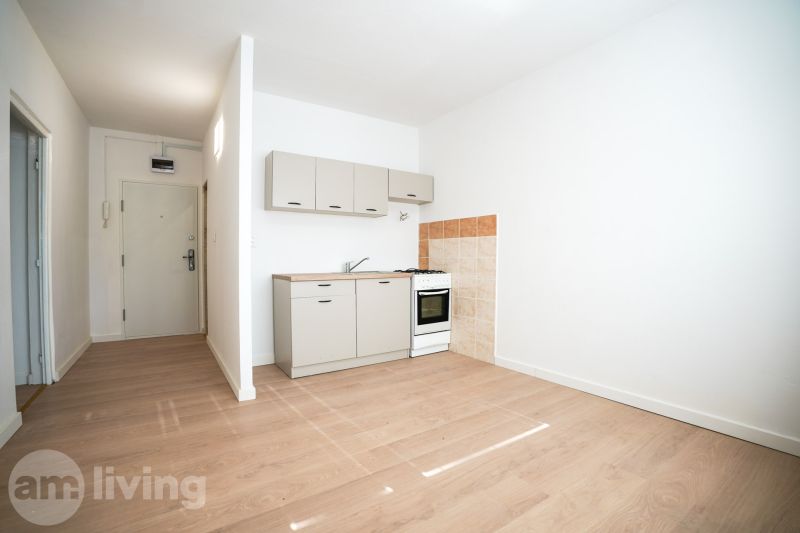 Kitchen corner with a kitchenette and a built-in stove in a studio apartment, floor with wood decor.