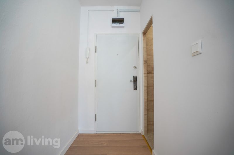 A white entrance with a wood-patterned floor in a studio apartment.
