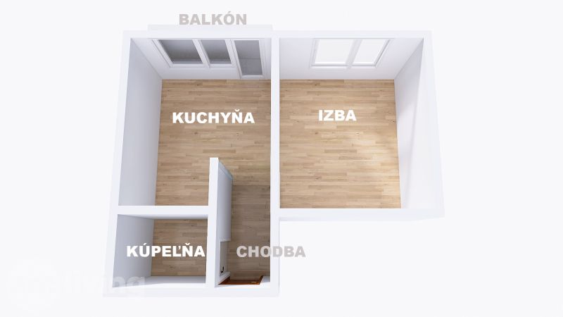 Floor plan of a 1-bedroom apartment with a kitchen, room, bathroom, and floor with a wooden decor.