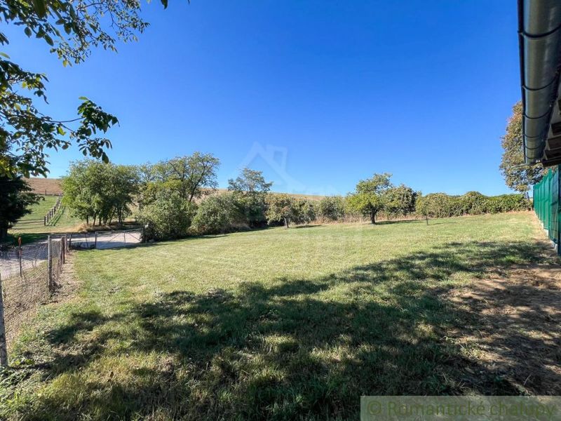 A vast green area in the gardens of Pastuchov, surrounded by trees and a clear sky.