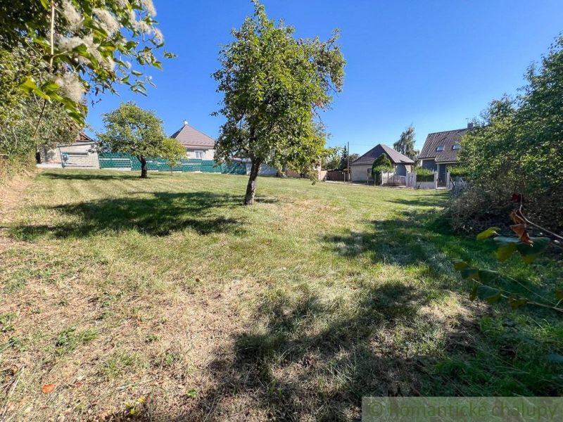 Gardens in Pastuchov with lawns, trees, and houses in the background under a blue sky.