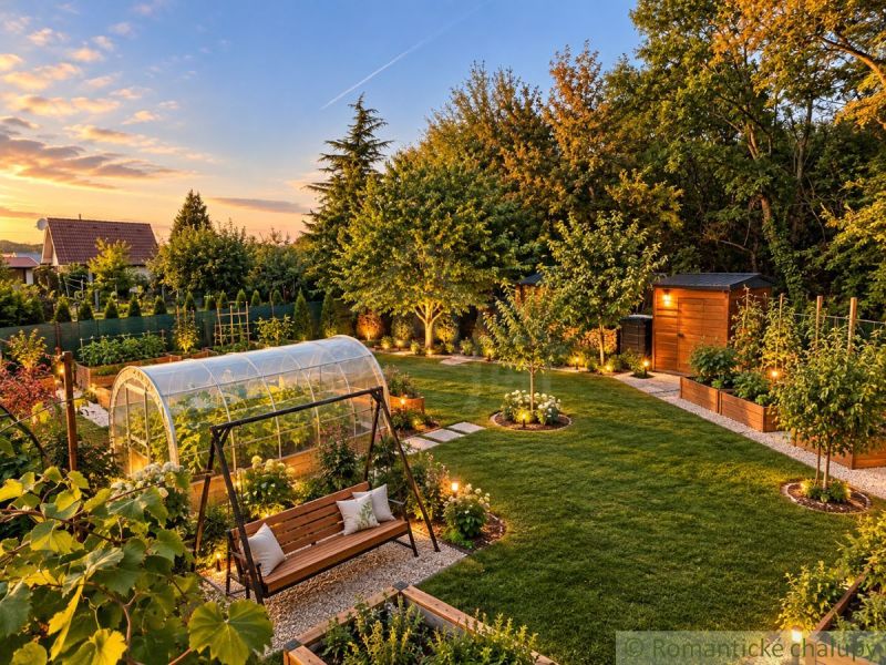A garden with a swing bench and a greenhouse near a cottage in Nové Zámky during sunset.