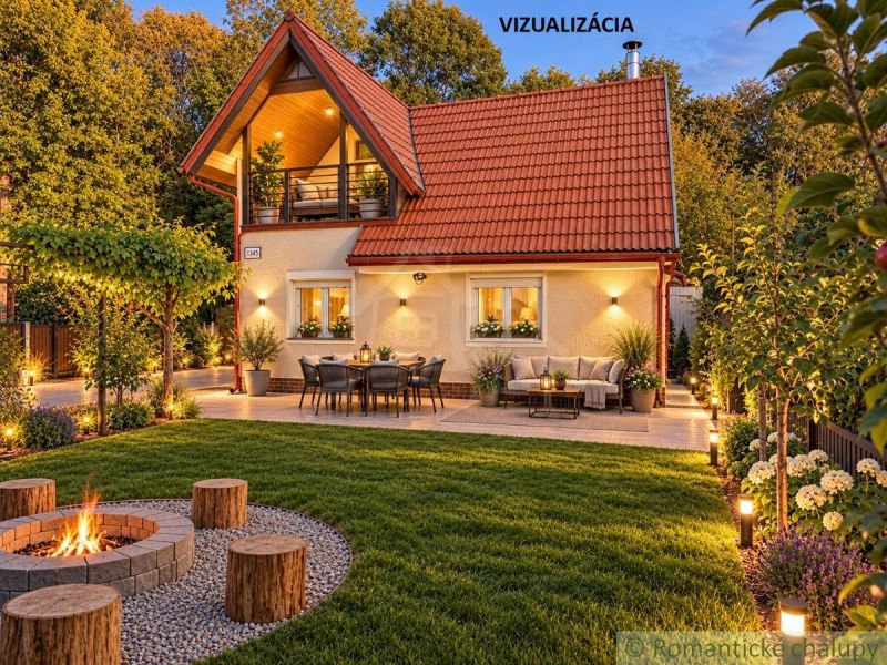 Cottage in Nové Zámky, beautiful garden lighting, terrace and fireplace in the foreground.