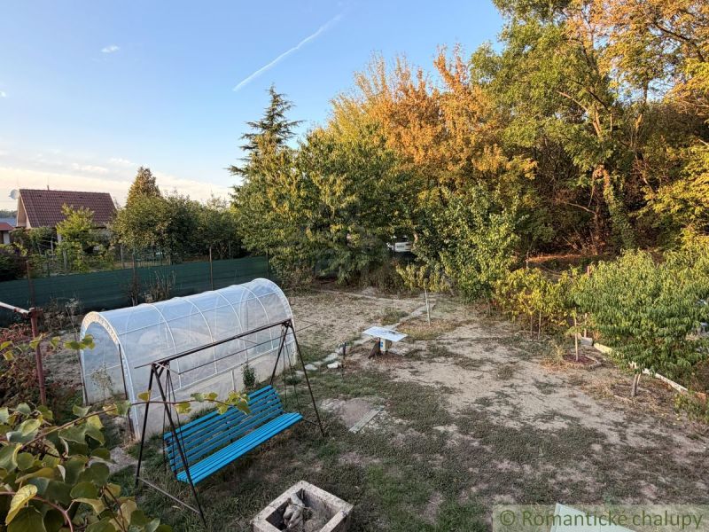 A garden by the cottage in Nové Zámky with a swing and a greenhouse surrounded by greenery.