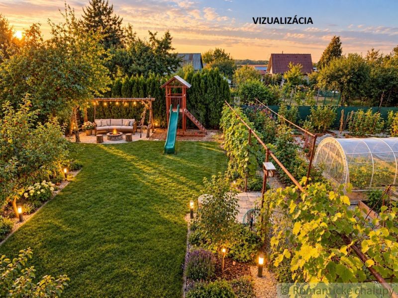 Garden space at the cottage in Nové Zámky with seating, a swing, and a greenhouse.