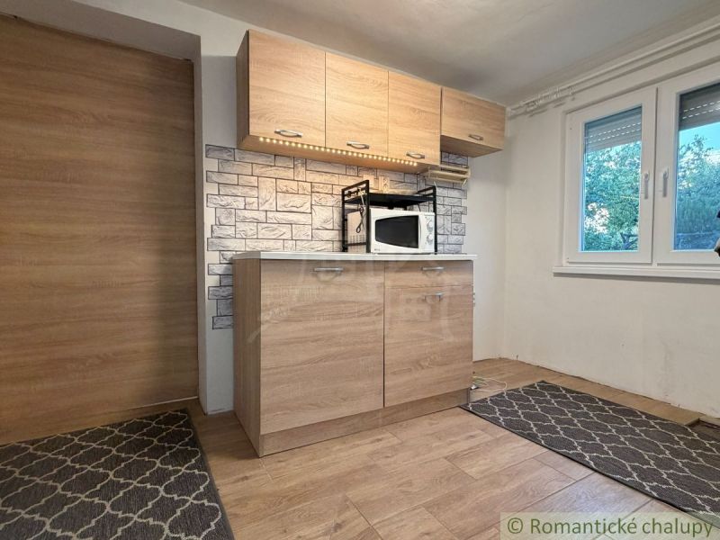 Kitchen corner in a cabin with wood-patterned flooring and a microwave.