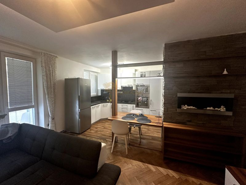 Living room with a kitchenette, sofa, and wooden decor flooring in a two-room apartment.