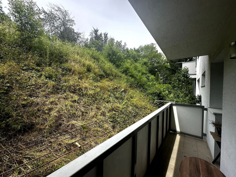 The balcony of a 2-room apartment with a view of a slope with dense vegetation.