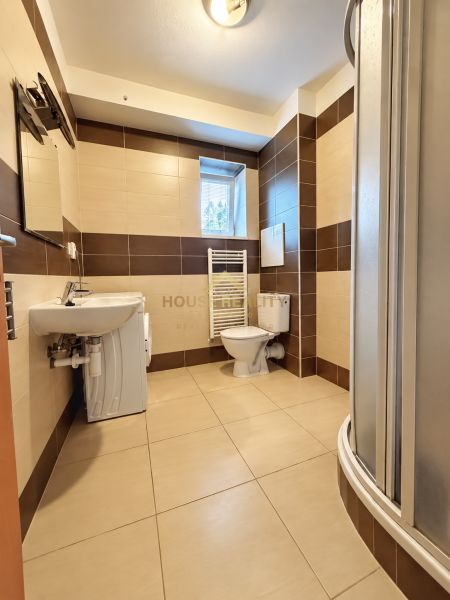 A bathroom in a studio apartment with a shower, washing machine, sink, and toilet.