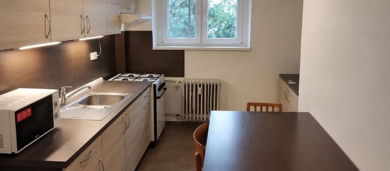 A kitchen in a studio apartment with a gas stove and a microwave on a dark countertop.