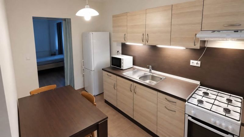 A kitchen in a studio apartment with wooden decor, a stove, and a dining table.