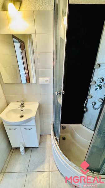 A bathroom with a sink and a shower in a studio apartment.