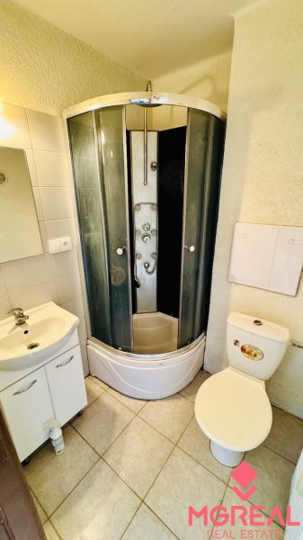 Bathroom with a shower, sink, and toilet in a studio apartment.