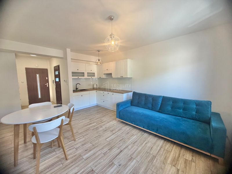 A kitchen in a studio apartment with a wooden decor floor, white furniture, and a blue sofa.