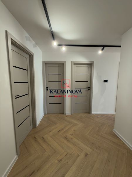 Interior of a 4-room apartment with a wooden decor floor and modern doors.