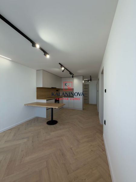A room with a wooden decor floor, a kitchenette, and lighting, a 4-room apartment.