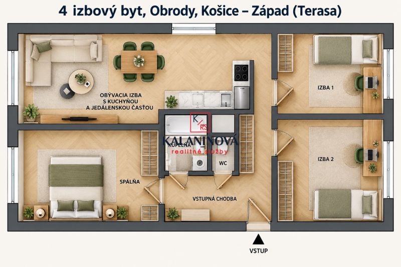 The floor plan of a 4-room apartment with a wooden decor floor includes rooms and a kitchen.