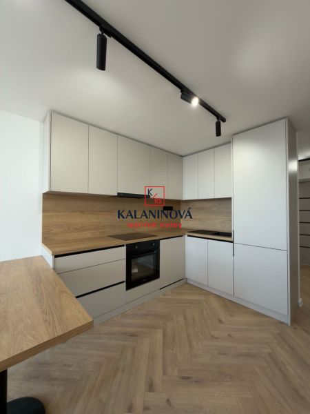 A kitchen in a 4-room apartment with a wooden decor floor and modern cabinets.