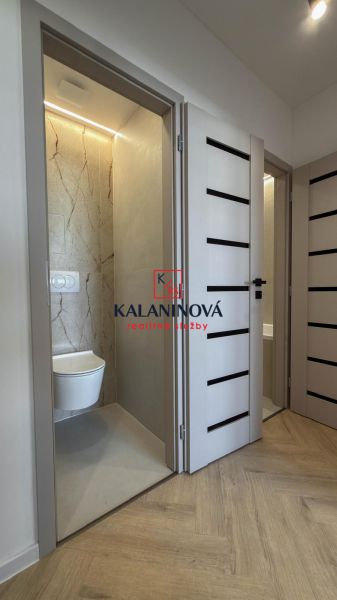 Interior of a 4-room apartment with wood-decor flooring and a toilet room.
