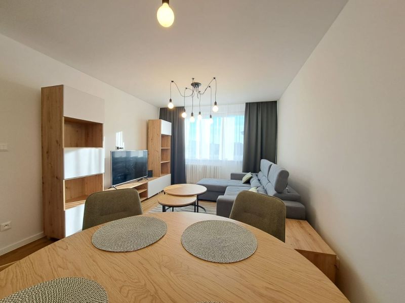Living room in a two-room apartment with a wooden decor floor and a gray sofa.