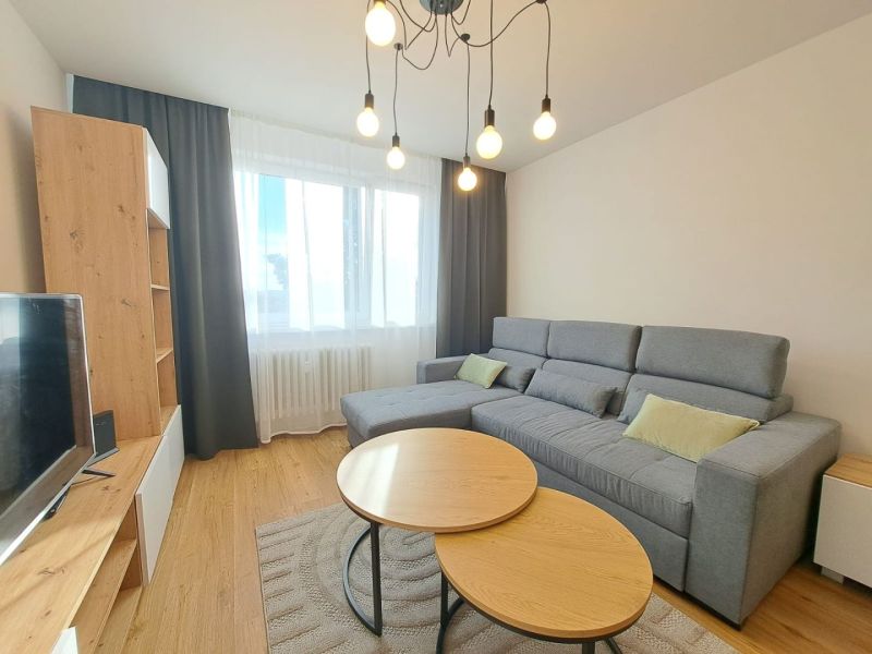 A bright living room in a two-room apartment with a comfortable sofa and a wooden decor floor.