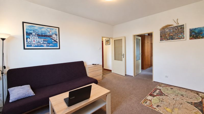 Living room in a 3-room apartment with a sofa, coffee table, and paintings on the wall.