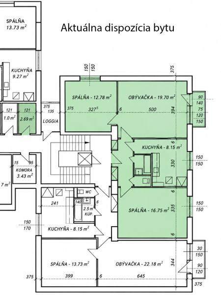 Floor plan of a 3-room apartment with room sizes and a loggia.