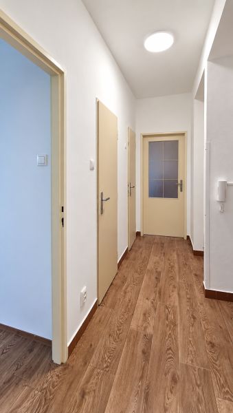 A hallway with three doors and a floor with a wooden decor in a three-room apartment.