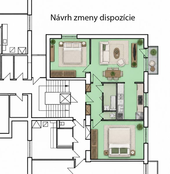 Proposal for changing the layout of a 3-room apartment with two bedrooms and a living room.