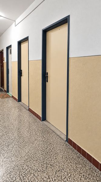A hallway with a trio of doors in a building, a floor with a stone pattern.