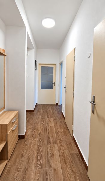 A hallway in a 3-room apartment with a wooden decor floor and a wardrobe.
